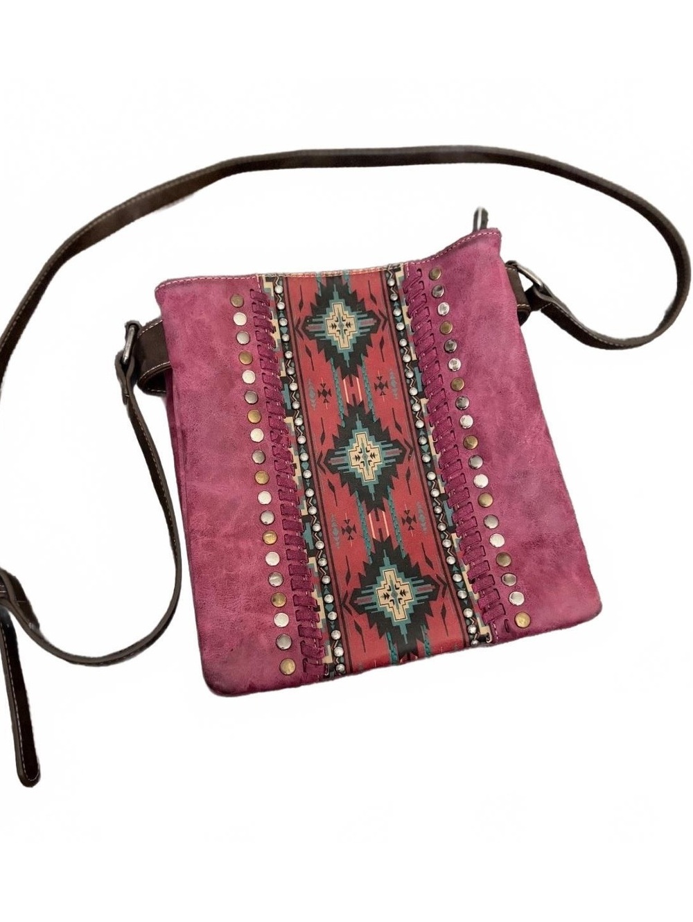 Montana West Pink Southwestern Aztec Print Crossbody Purse with Studs